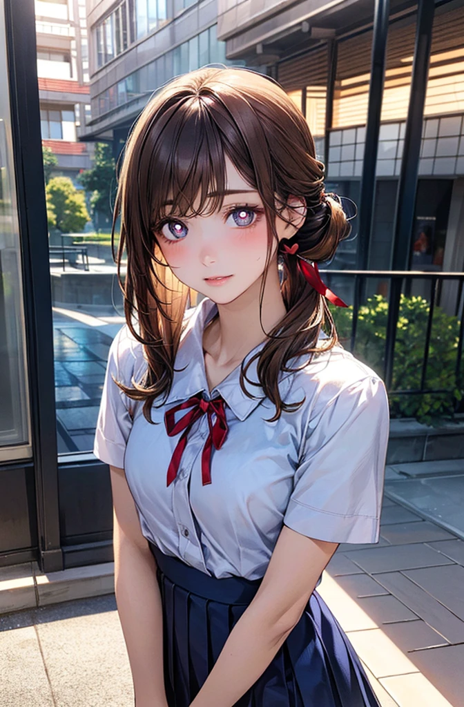 (masterpiece:1.2, top-quality), (realistic, photorealistic:1.4), beautiful illustration, (natural side lighting, movie lighting), nsfw,
looking at viewer, face focus, upper body, 1 girl, japanese, high school girl, perfect face, cute and symmetrical face, shiny skin,
(shoer hair:1.2, half updo:1.2, light brown hair), asymmetrical bangs, blue eyes, drooping eyes, long eye lasher, (medium breasts), slender,
beautiful hair, beautiful face, beautiful detailed eyes, beautiful clavicle, beautiful body, beautiful chest, beautiful thigh, beautiful legs, beautiful fingers,
((detailed cloth texture, short sleeves white collared shirts, navy blue pleated mini skirt, red neck ribbon)),
(beautiful scenery), winter, evening, (outdoors), , (heart shaped pupils, in heat, aroused),