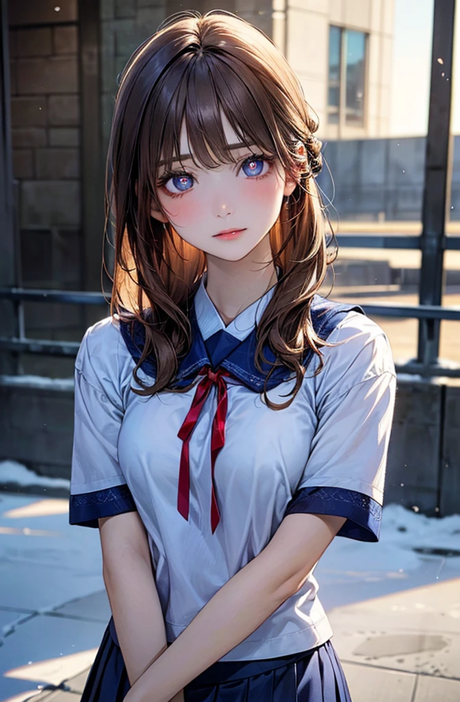 (masterpiece:1.2, top-quality), (realistic, photorealistic:1.4), beautiful illustration, (natural side lighting, movie lighting), nsfw,
looking at viewer, face focus, upper body, 1 girl, japanese, high school girl, perfect face, cute and symmetrical face, shiny skin,
(shoer hair:1.2, half updo:1.2, light brown hair), asymmetrical bangs, blue eyes, drooping eyes, long eye lasher, (medium breasts), slender,
beautiful hair, beautiful face, beautiful detailed eyes, beautiful clavicle, beautiful body, beautiful chest, beautiful thigh, beautiful legs, beautiful fingers,
((detailed cloth texture, short sleeves white collared shirts, navy blue pleated mini skirt, red neck ribbon)),
(beautiful scenery), winter, evening, (outdoors), , (heart shaped pupils, in heat, aroused),