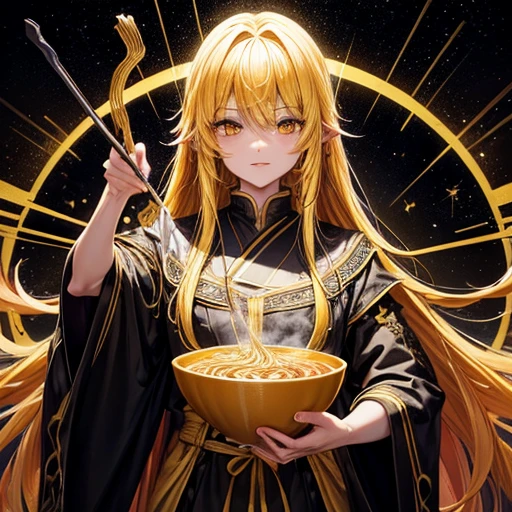 magician, Yellow long hair, Dark fantasy, Highly detailed yellow and black space robe, Space Wand Making ramen