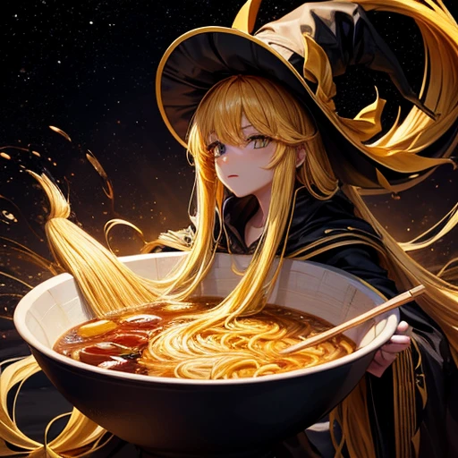  magician, Yellow long hair, Dark fantasy, Highly detailed yellow and black space robe, Space Wand　Making ramen