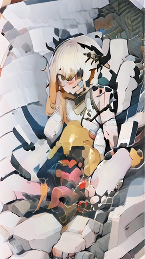 A female empress, short white hair, with yellow eyes, red nails, mostrando os peitos, legs open showing pussy, with an angry face and a provocative look, mouth open with tongue out. Wearing traditional Chinese imperial clothing, decorated in gold with black details, with red Hanafuda earrings, with a short red skirt. On your knees with dick inside pussy, in a hotel room bed, with a sunset in the window in the background.