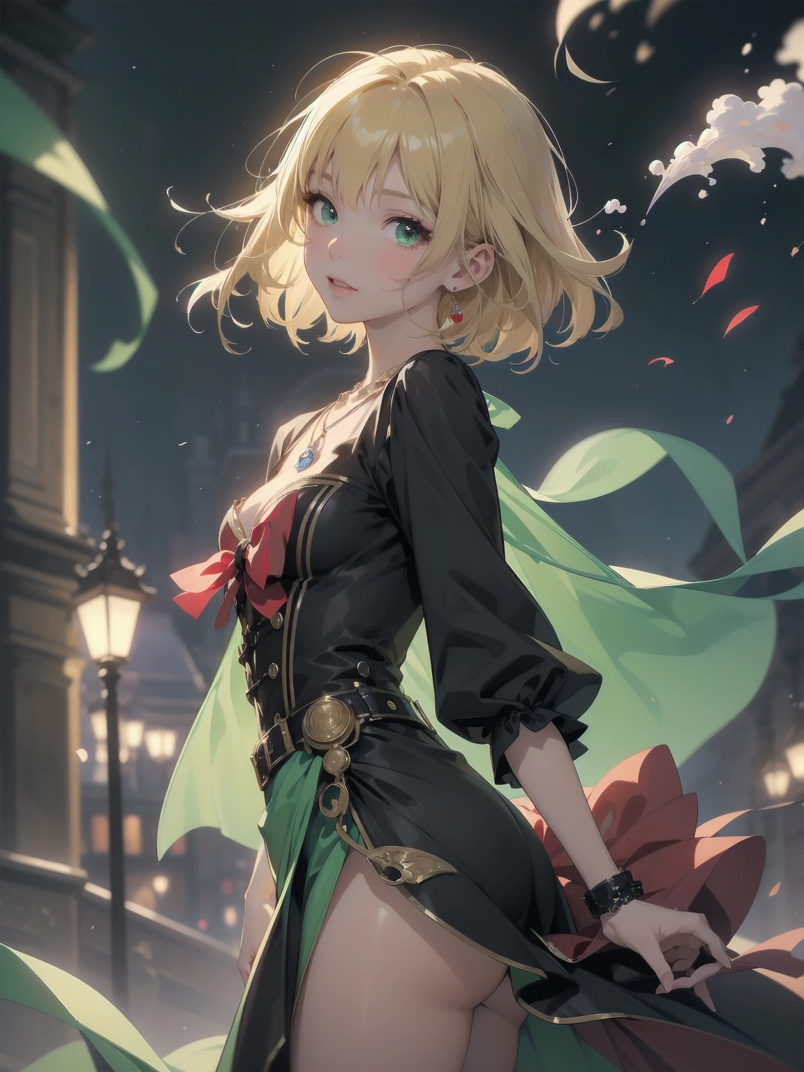 (masterpiece:1.2), (Highest quality:1.2), Ultra-high resolution, Very detailed, break, ((Anime girl standing with happiness in her hands)), Clear Girl, (1 person,Lolita,boyish, , 6 years old:1.3), A light smile, , girl who looks like a boy, Bob cut hair, ((Blonde Hair)), Messy Hair, A super-sized chest overflowing with soft fat masses、Waistline、Slender body, Small Ass, Small green eyes,Fine and beautiful eyes, Well-proportioned iris and pupil, Expressive eyes, Beautiful and detailed lips, High resolution detailed hair, Perfect Eyes, Perfect Face, ultra high density skin, Full Finger, Perfect lighting, break, ((Light green necklace)), ((Black and red luxury dress:1.3)), light green tie, Sparkling Sapphire, Lady, Wear white gloves, break, (steampunk), Castle balcony, Skyscraper, Night view, Equipment, pipe, (Steam spewing out from pipes:1.2), Fantasy, break, ((Positive:1.3)), break, Digital anime art,Anime style illustrations,Anime illustration
