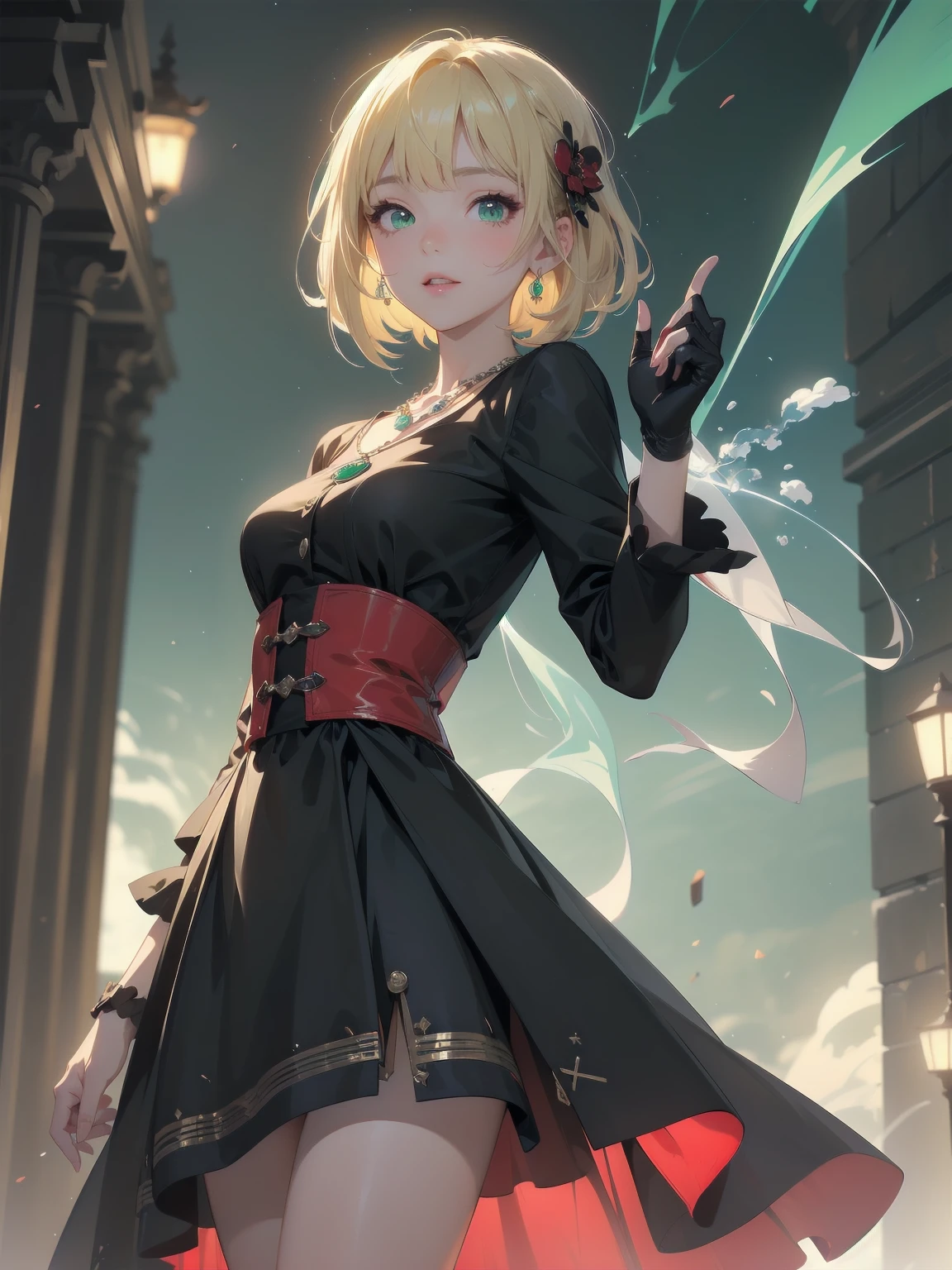 (masterpiece:1.2), (Highest quality:1.2), Ultra-high resolution, Very detailed, break, ((Anime girl standing with happiness in her hands)), Clear Girl, (1 person,Lolita,boyish, , 6 years old:1.3), A light smile, , girl who looks like a boy, Bob cut hair, ((Blonde Hair)), Messy Hair, A super-sized chest overflowing with soft fat masses、Waistline、Slender body, Small Ass, Small green eyes,Fine and beautiful eyes, Well-proportioned iris and pupil, Expressive eyes, Beautiful and detailed lips, High resolution detailed hair, Perfect Eyes, Perfect Face, ultra high density skin, Full Finger, Perfect lighting, break, ((Light green necklace)), ((Black and red luxury dress:1.3)), light green tie, Sparkling Sapphire, Lady, Wear white gloves, break, (steampunk), Castle balcony, Skyscraper, Night view, Equipment, pipe, (Steam spewing out from pipes:1.2), Fantasy, break, ((Positive:1.3)), break, Digital anime art,Anime style illustrations,Anime illustration

