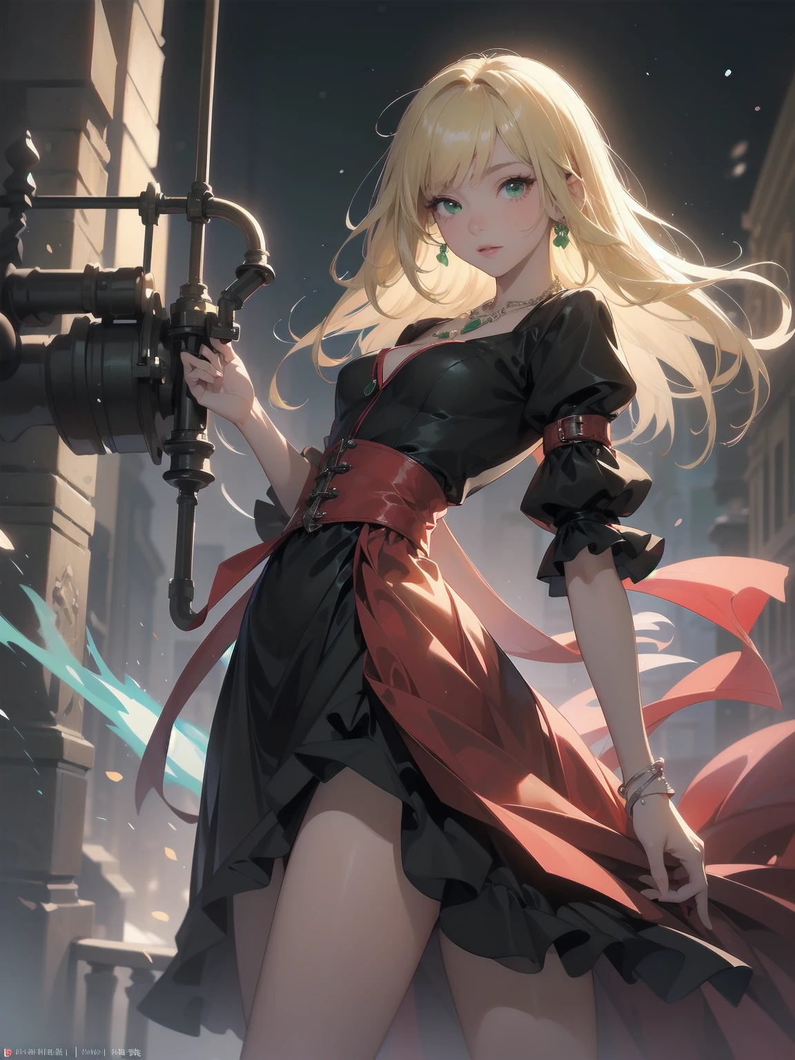 (masterpiece:1.2), (Highest quality:1.2), Ultra-high resolution, Very detailed, break, ((Anime girl standing with happiness in her hands)), Clear Girl, (1 person,Lolita,boyish, , 6 years old:1.3), A light smile, , girl who looks like a boy, Bob cut hair, ((Blonde Hair)), Messy Hair, A super-sized chest overflowing with soft fat masses、Waistline、Slender body, Small Ass, Small green eyes,Fine and beautiful eyes, Well-proportioned iris and pupil, Expressive eyes, Beautiful and detailed lips, High resolution detailed hair, Perfect Eyes, Perfect Face, ultra high density skin, Full Finger, Perfect lighting, break, ((Light green necklace)), ((Black and red luxury dress:1.3)), light green tie, Sparkling Sapphire, Lady, Wear white gloves, break, (steampunk), Castle balcony, Skyscraper, Night view, Equipment, pipe, (Steam spewing out from pipes:1.2), Fantasy, break, ((Positive:1.3)), break, Digital anime art,Anime style illustrations,Anime illustration