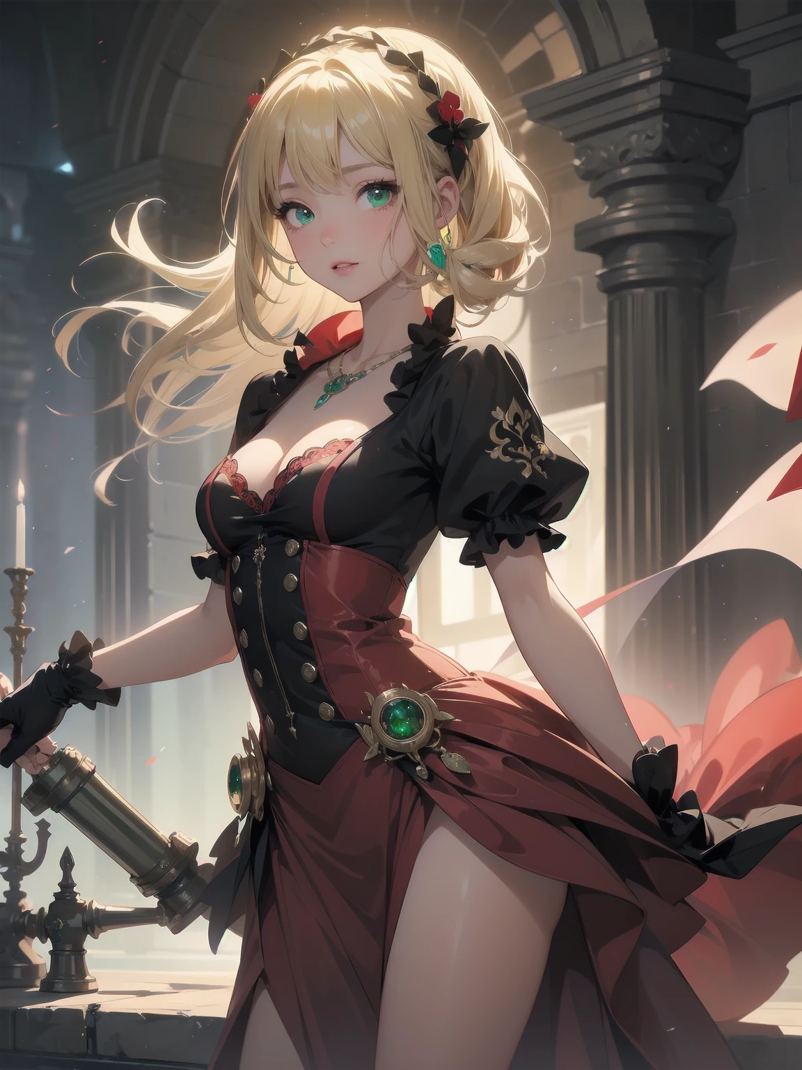 (masterpiece:1.2), (Highest quality:1.2), Ultra-high resolution, Very detailed, break, ((Anime girl standing with happiness in her hands)), Clear Girl, (1 person,Lolita,boyish, , 6 years old:1.3), A light smile, , girl who looks like a boy, Bob cut hair, ((Blonde Hair)), Messy Hair, A super-sized chest overflowing with soft fat masses、Waistline、Slender body, Small Ass, Small green eyes,Fine and beautiful eyes, Well-proportioned iris and pupil, Expressive eyes, Beautiful and detailed lips, High resolution detailed hair, Perfect Eyes, Perfect Face, ultra high density skin, Full Finger, Perfect lighting, break, ((Light green necklace)), ((Black and red luxury dress:1.3)), light green tie, Sparkling Sapphire, Lady, Wear white gloves, break, (steampunk), Castle balcony, Skyscraper, Night view, Equipment, pipe, (Steam spewing out from pipes:1.2), Fantasy, break, ((Positive:1.3)), break, Digital anime art,Anime style illustrations,Anime illustration