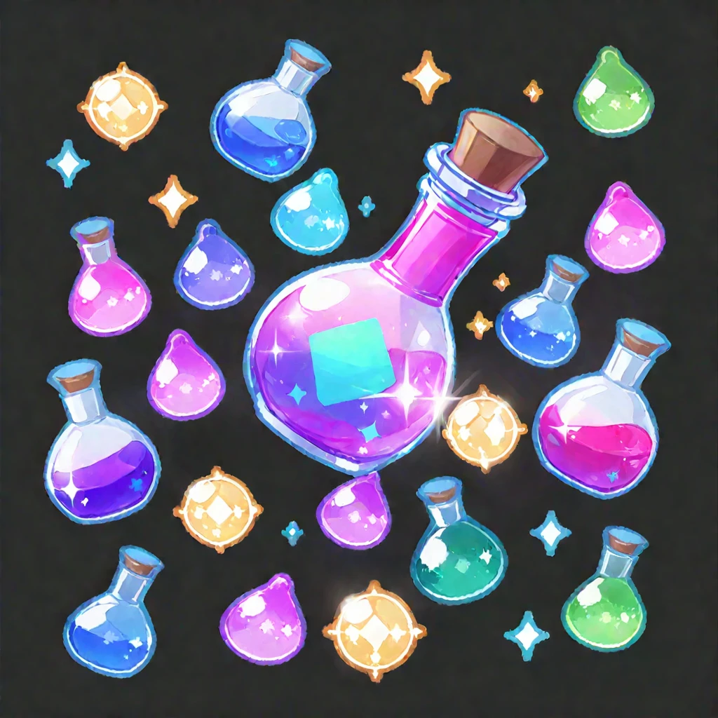 game icons, kawaii potions, sparkling, black background