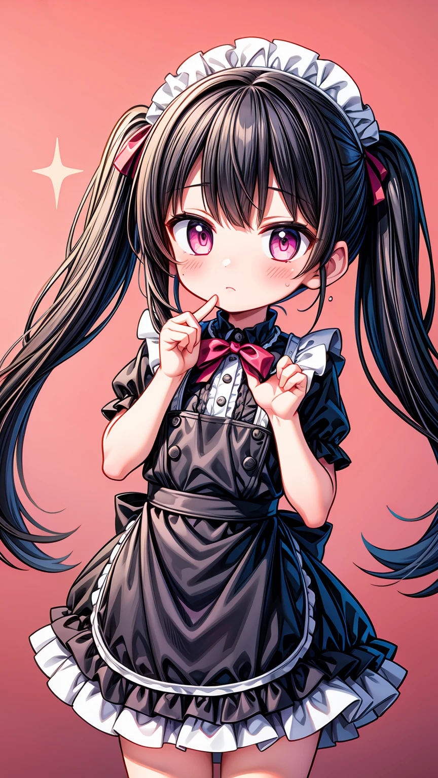 (8K, Highest image quality, highest quality, masterpiece), detailed face, ((loli)), ((girl)), (little curve), black hair, short twintails, pink eyes, ((very small bust)), (flat bust), (naked apron), cowboy shot, put your hand on your mouth, kitchen background, ((very blushing)), ((detailed hands and fingers)), viewer perspective from below, (blush)