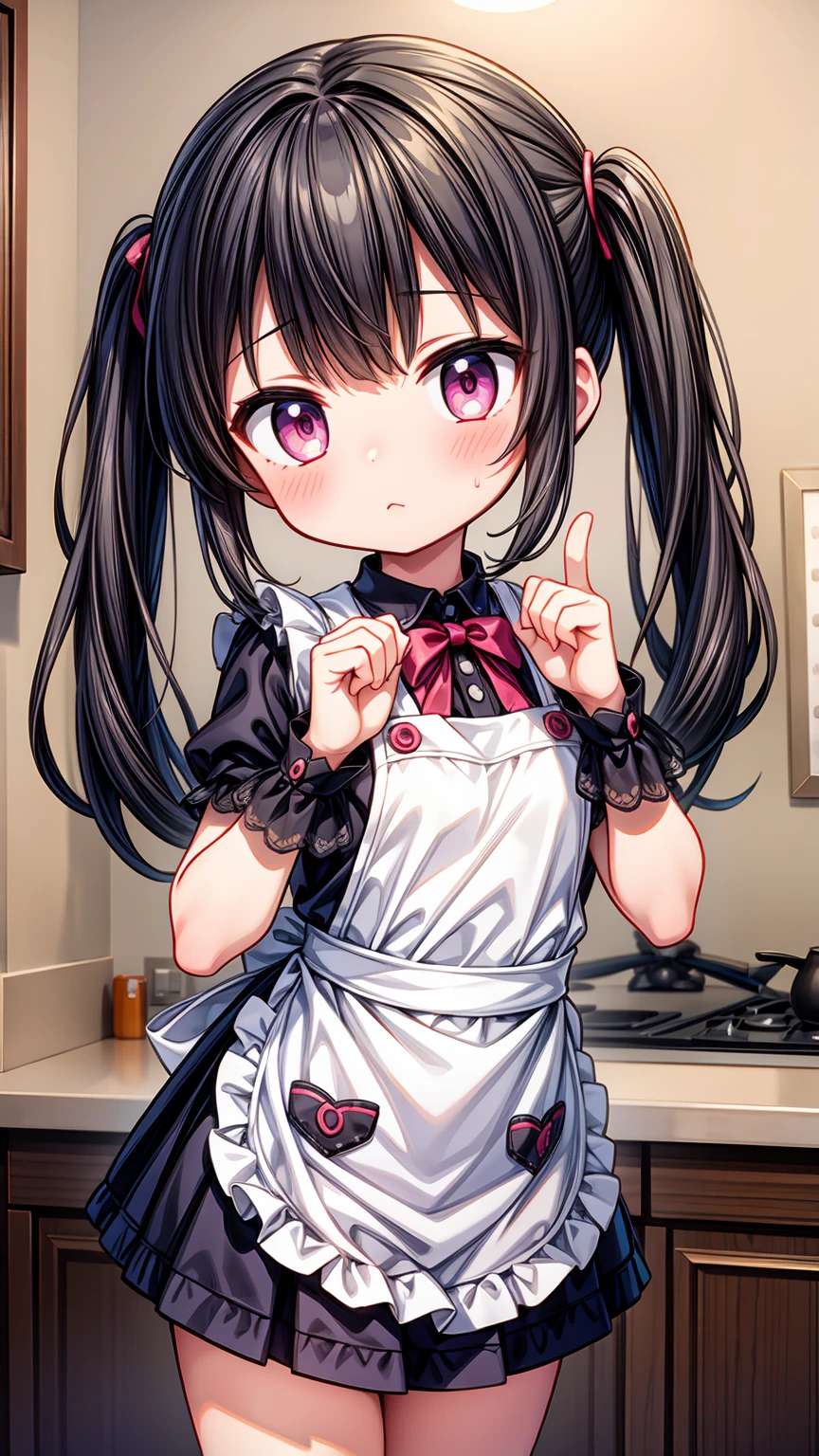 (8K, Highest image quality, highest quality, masterpiece), detailed face, ((loli)), ((girl)), (little curve), black hair, short twintails, pink eyes, ((very small bust)), (flat bust), (naked apron), cowboy shot, put your hand on your mouth, kitchen background, ((very blushing)), ((detailed hands and fingers)), viewer perspective from below, (blush)