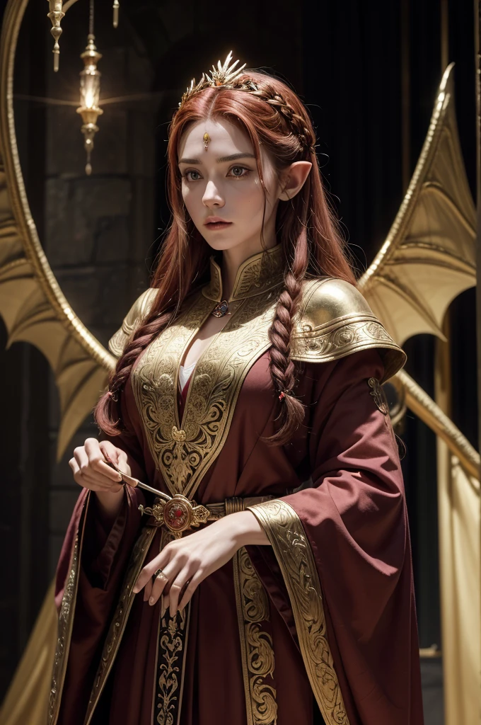 High Elf, Altmer, golden skin, emerald eyes, regal poise, 250 years old, six feet eight inches tall, fiery red hair, braided hair with silver and gold threads, sharp refined features, noble lineage, ceremonial Akatosh devotee attire, wine-colored silk robe, crimson chitin plate, golden dragon wings, Adeptus of the Emperor, delicate powerful hands, precious stone rings, Summerset Isles, Alinor, Crystal Tower, scholarly upbringing, political acumen, ancient artifacts, dragon blood heritage, graceful warrior, scholarly grace, divine elegance, intricate embroidery, ancient wisdom, boundless intellect, fiery passion for faith, Aedric prophecy knowledge, diplomatic prowess, draconic lineage, Elder Council member, dragon-inspired vestments, golden crown, ceremonial staff, enigmatic aura, divine spark, radiant presence, commanding gaze, symbolic jewelry.