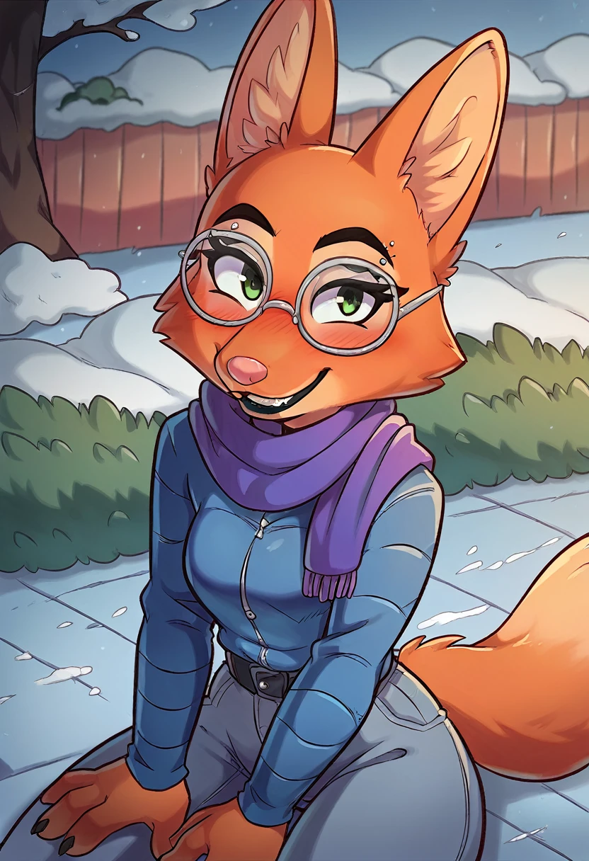 score_9, score_8_up, score_7_up, score_6_up, score_5_up, score_4_up, Diane_Foxington, fox, ginger fur, emerald eyes, black lipstick, sharp black eyebrows, silver piercings on eyebrow, dusty-pink nose, black eyelashes, 4 fingers, winter clothes, scarf, warm smile , happy, looking at the viewer with a curious and blush in her face, glasses, sitting in grass of a park