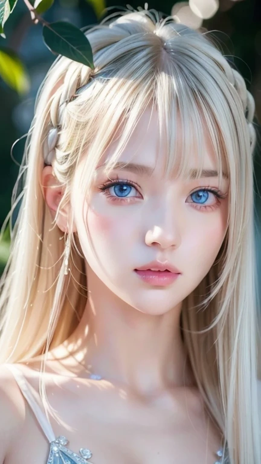 Highest quality、masterpiece、Ultra-high resolution、(Photorealistic:1.4)、1 Girl、14 years old、The ultimate beautiful girl、Very beautiful shiny light pale blonde hair、Super long straight silky hair、bangs over eyes、片bangs over eyes、Blonde hair between the eyes、Blonde hair hanging in the center of the face、Big, very bright, pale blue eyes that shine beautifully、Very big bright eyes、Eye highlights、shoulder、Charm、Looking at the camera、Very white and bright skin、Small Face Beauty、Round face、A shy, gentle and bright expression、Looking up、Cheek gloss highlighter