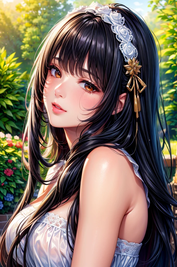 (best quality,4k,highres,ultra-detailed,realistic:1.2),oil painting texture,luscious flowing black hair ribbon,delicate facial features,glossy lips,upper eyelashes,scenic and vibrant garden,exquisite details,high pixel resolution,soft and warm color tone,soft and warm lighting