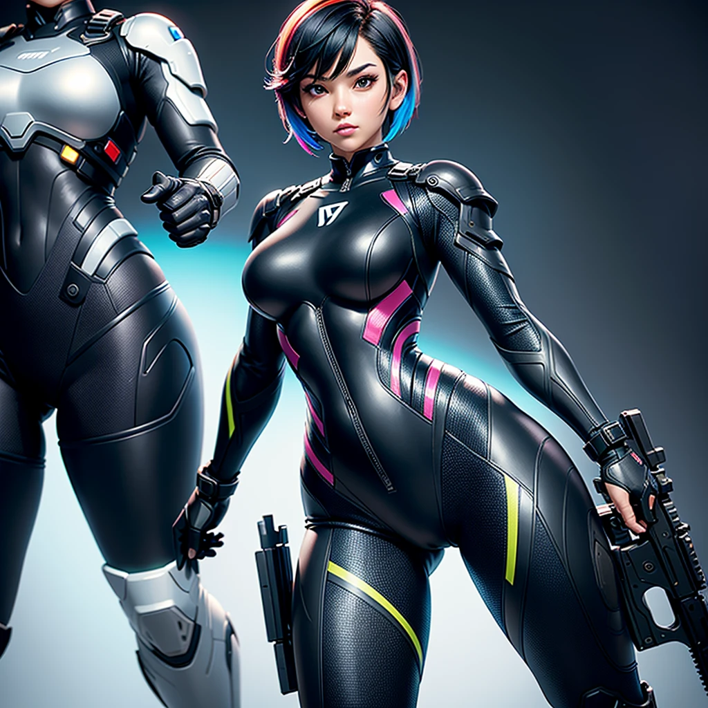 best qualityer,masterpiece,Ultimate resolution,downy,Extremely colorful,Colorful,Woman,a matural female,Black super short hair,Tight combat suit, tight suit, big hips, beautiful, gorgeous, pointing a rifle, futuristic armor, futuristic background