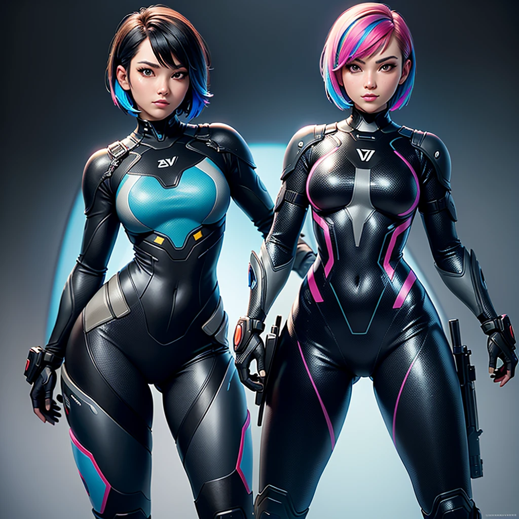 best qualityer，masterpiece，Ultimate resolution，downy，Extremely colorful，Colorful，Woman，a matural female，Black super short hair，Tight combat suit, tight suit, big hips, beautiful, gorgeous, pointing a rifle, futuristic armor, futuristic background