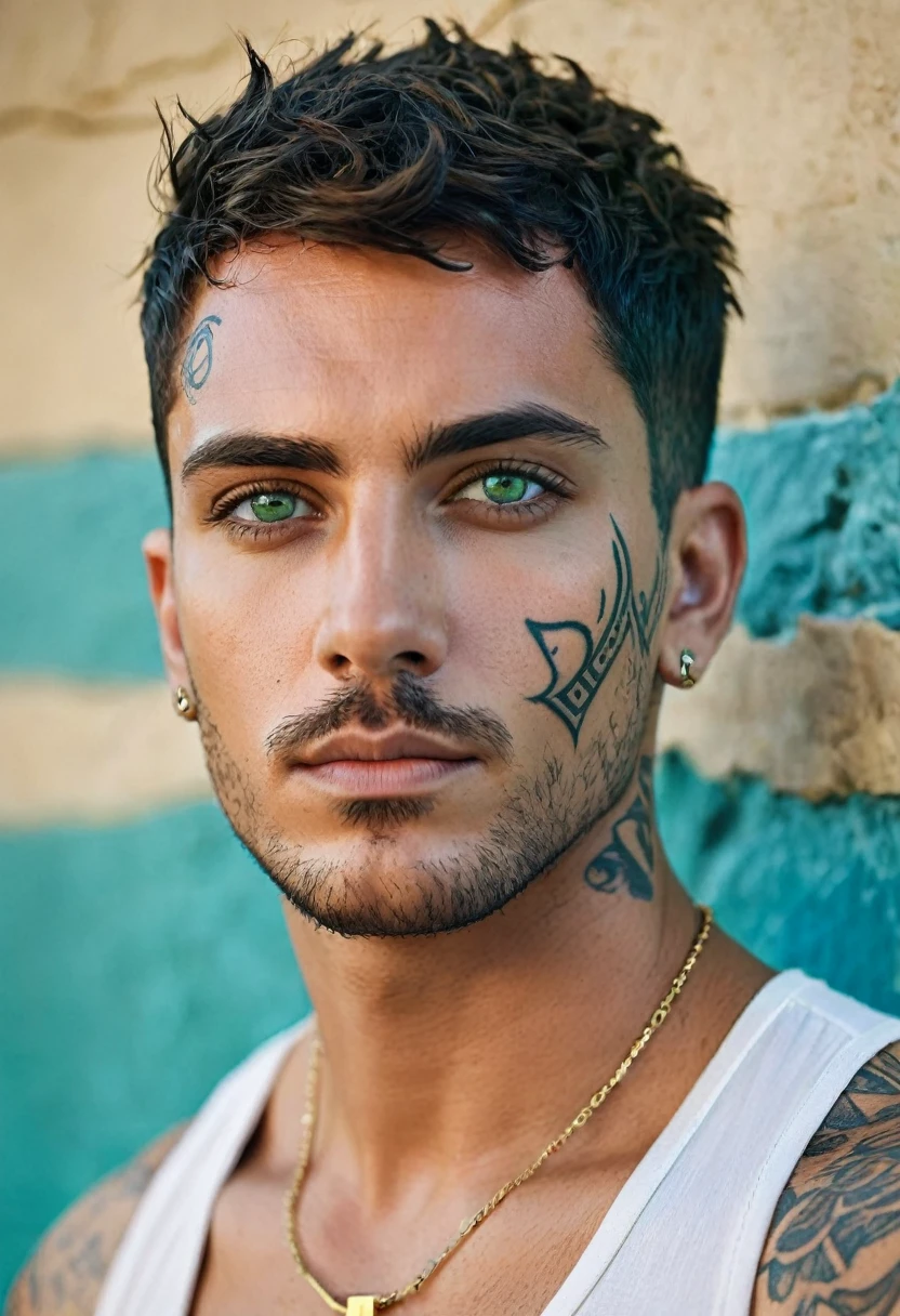 perfect italian man, short hairstyles , dark green eyes, focus on character's face, blue wall background with egyptian tattoos
