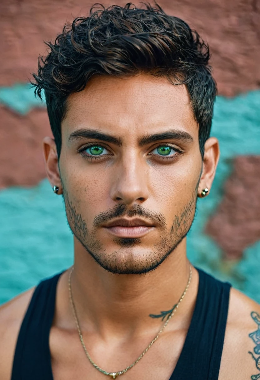 perfect italian man, short hairstyles , dark green eyes, focus on character's face, blue wall background with egyptian tattoos
