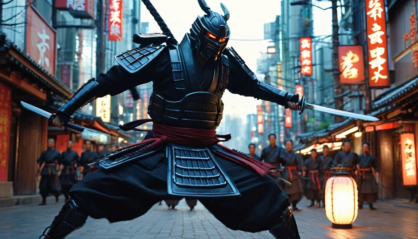 A movie frame depicting an action scene, Cybernetic samurai jumps and swings his sword at enemies, There was a look of anger on his face, Angry smile, Big city streets, evening, evening lighting, Lantern Light, Dynamic Frame, Cinema Lighting, Focus on the Samurai, High detail, Maximum realism, Movie Processing