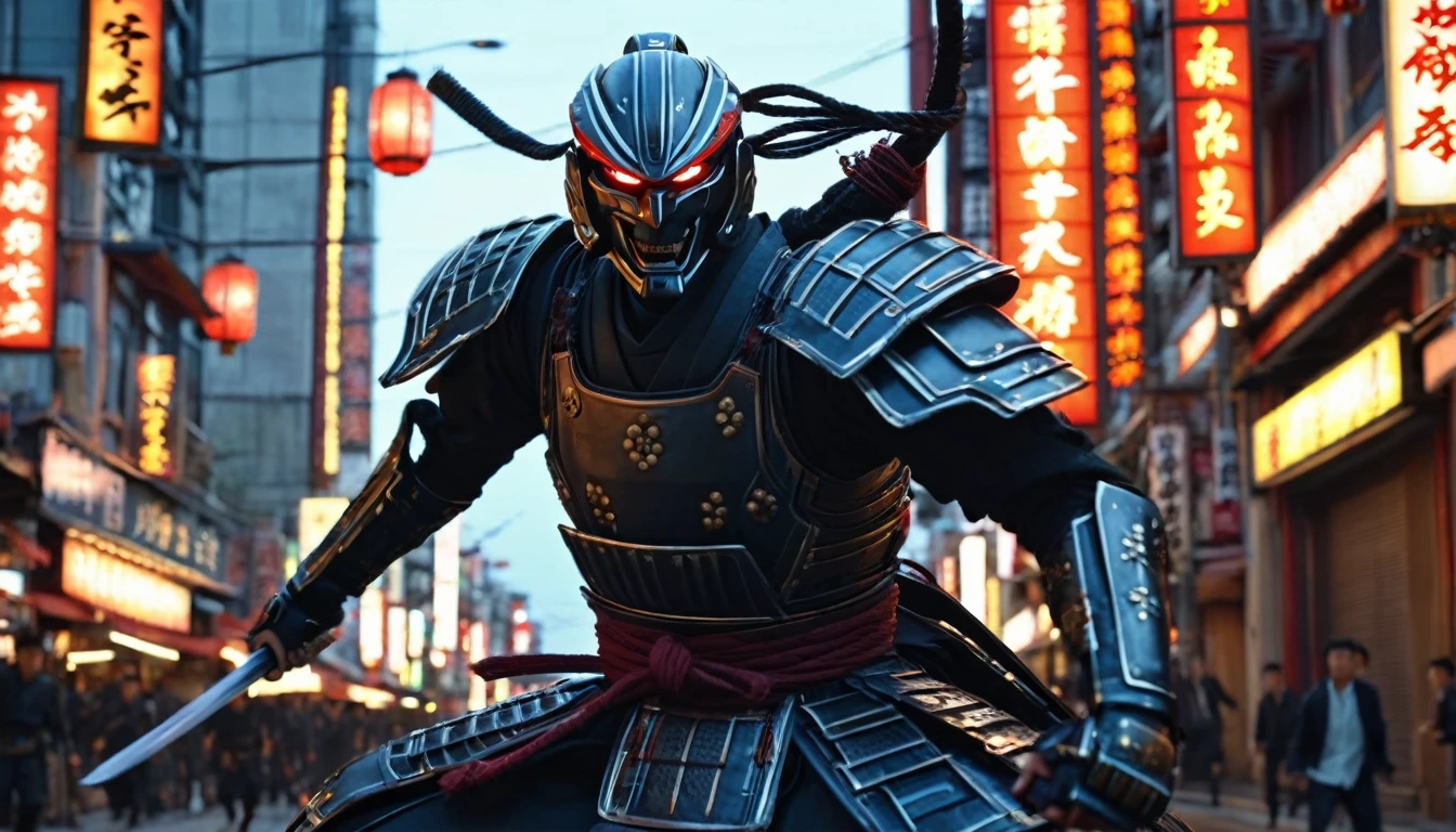 A movie frame depicting an action scene, Cybernetic samurai jumps and swings his sword at enemies, There was a look of anger on his face, Angry smile, Big city streets, evening, evening lighting, Lantern Light, Dynamic Frame, Cinema Lighting, Focus on the Samurai, High detail, Maximum realism, Movie Processing