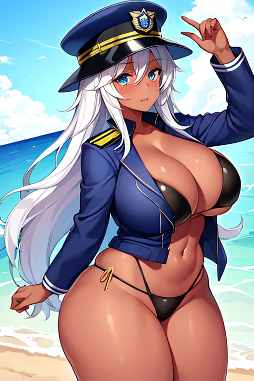 1girl, police, police uniform, police hat, policewoman, dark skin, dark-skinned female, blue eyes, white hair, long hair, huge brrasts, thick thighs, bikini, black bikini, blue jacket, beach, shy, timid, wavy mouth, mature female, milf