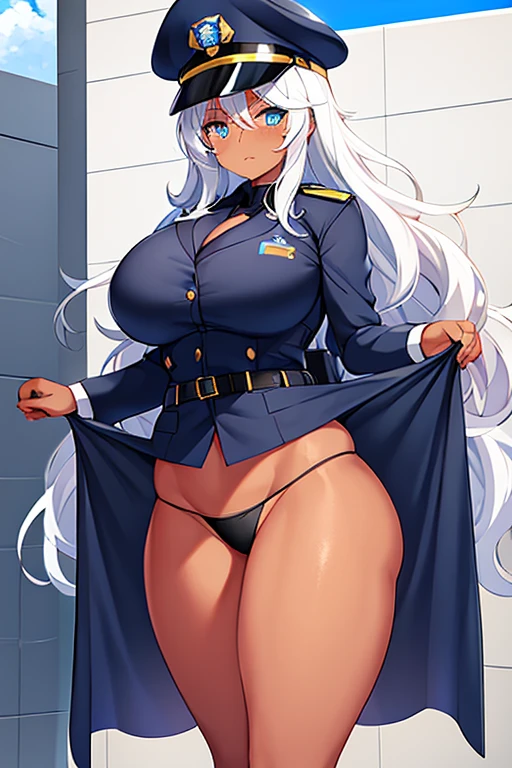 1girl, police, police uniform, police hat, policewoman, dark skin, dark-skinned female, blue eyes, white hair, long hair, huge brrasts, thick thighs, bikini, black bikini, blue jacket, beach, shy, timid, wavy mouth, mature female, milf