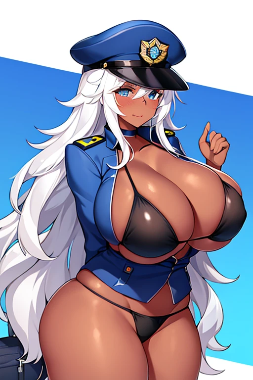 1girl, police, police uniform, police hat, policewoman, dark skin, dark-skinned female, blue eyes, white hair, long hair, huge brrasts, thick thighs, bikini, black bikini, blue jacket, beach, shy, timid, wavy mouth, mature female, milf