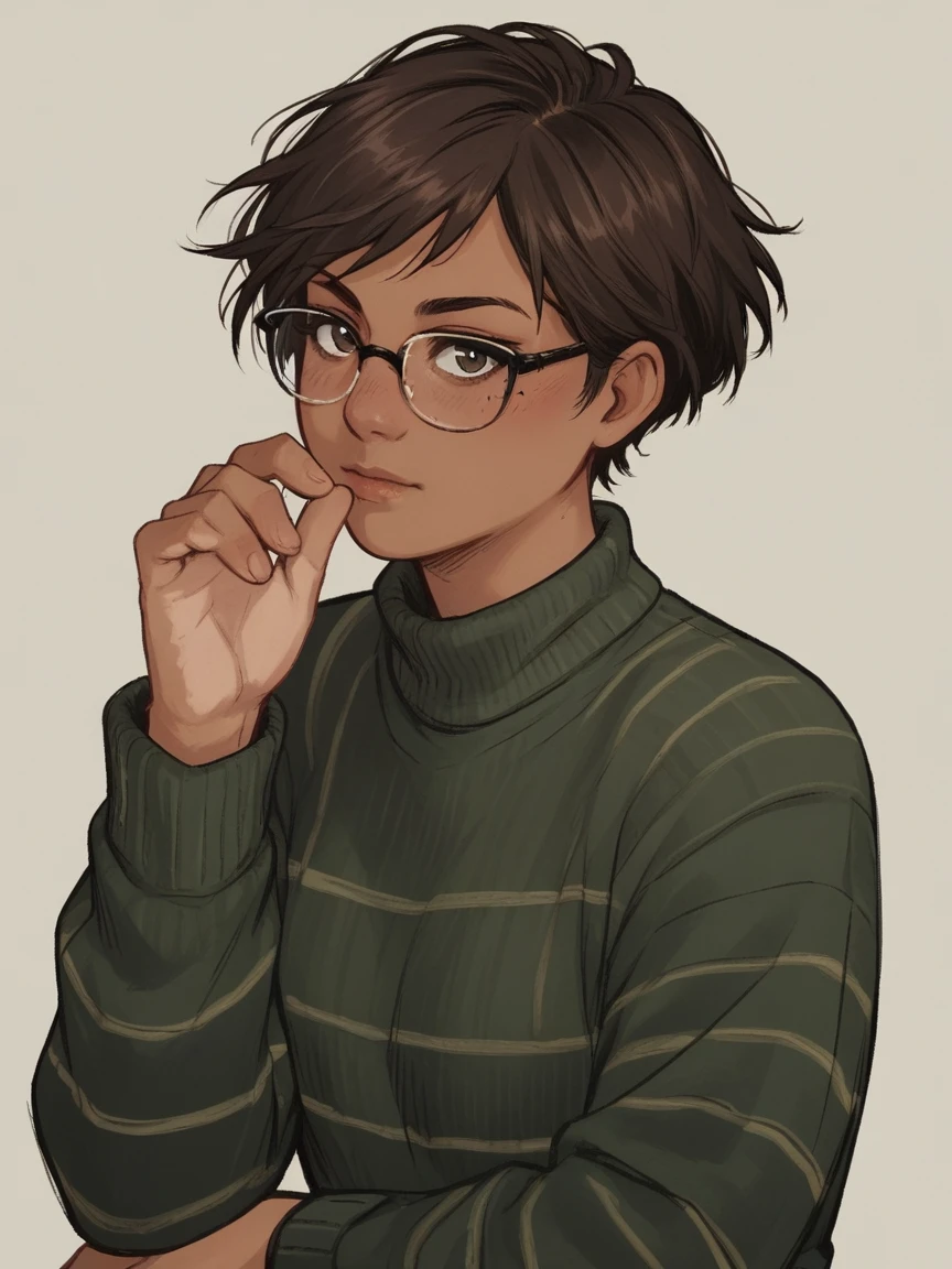 score_9, score_8_up, score_7_up, score_6_up, score_5_up, score_4_up,   wh33z13, 1woman, white skin,  dark Brown short hair, Green striped sweater, dark Brown eyes, glasses 