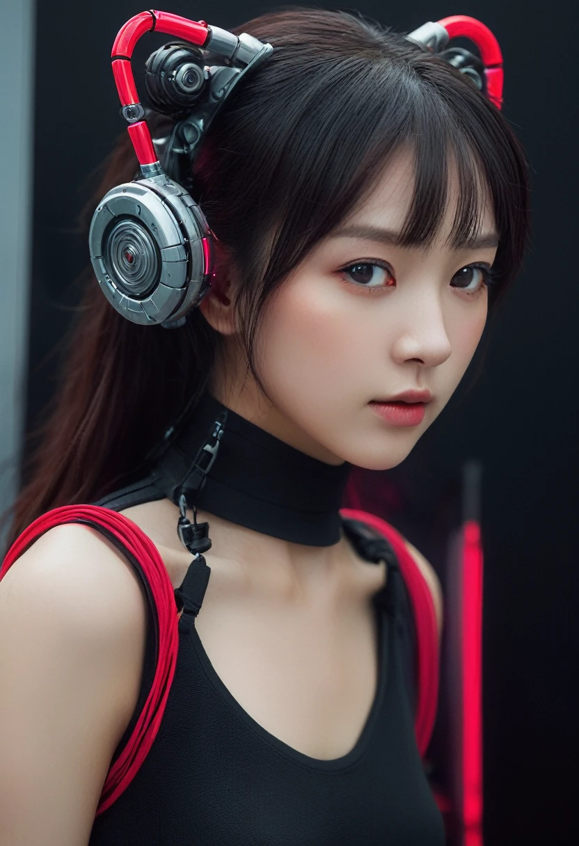 xxmixgirl. Highly detailed professional 35mm film, bokeh, face in sharp focus. A robotic female, Miku, with ((metal skin)), ((perfect Asian eyes)) with magenta irises and ((black pupils)), beautiful serious (detailed face), 18 year old ((photorealistic face)), very long magenta twin tails of magenta hair, twin black hair ties with a single red stripe. She may have a black audio headpiece. We can see her ((full body)) down to her boot soles. Her outfit is a sleeveless collared light grey shirt, outlined in red around the frilled collar and hems. Shiny reflective ((metallic breast cups, dimpleless)), invisible nipples. She wears black sleeves with red hems that start around her upper arm and bellow out as the sleeves open and extend to her wrists, with wide trumpet red rimmed cuffs. She has perfect robotic (detailed hands). She wears a red colored tie with two horizontal solid parallel black lines halfway across. She wears a fabric black skirt with a horizontal red hem at the bottom all the way around; her (((black skirt wraps around her))) and ((her skirt completely covers)) her robotic waist and thighs. Tall black boots with red bottom soles, a red rim around the top at her thighs. Her mechanical shoulder joints are visible. We can see her robotic legs and robotic neck. Half of her is covered with shiny polished machinery. The background is a distant dark neon futuristic Japanese city, gold, cyan, violet neon, near harbor or mountains.