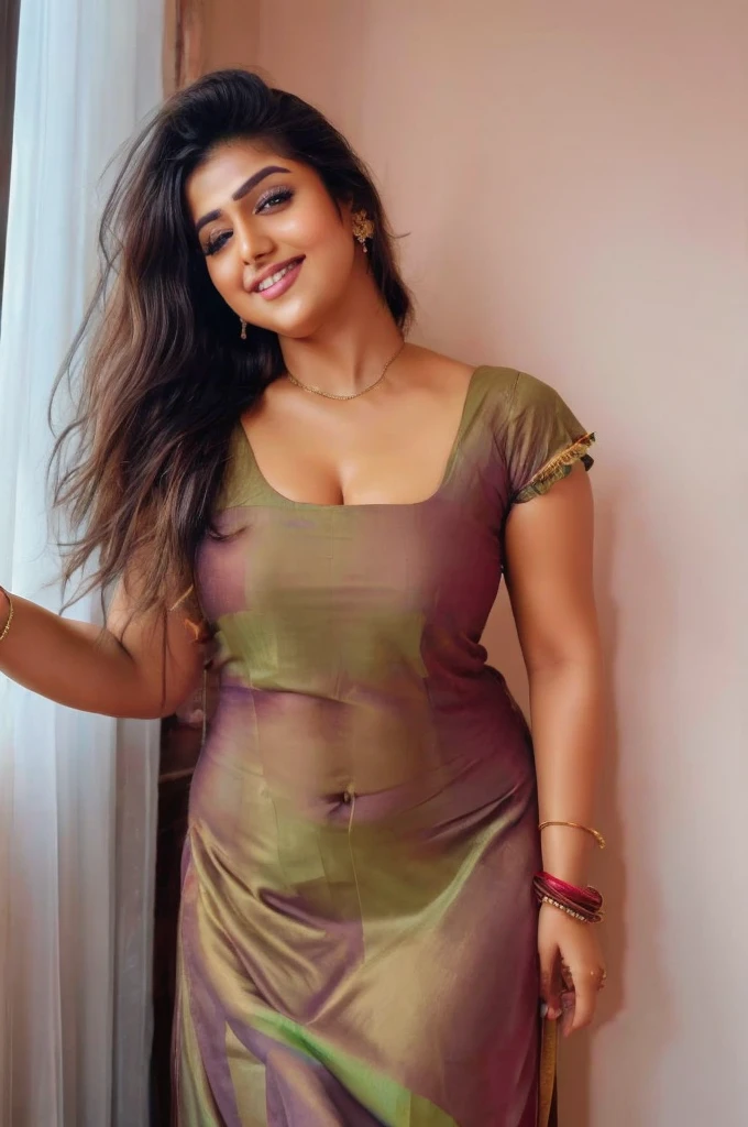 ((Masterpiece)), ((8k)),((ultra-high resolution)), RAW photo, realistic, Pakistani girl, perfect thick figure, seductive smile,perfect face,skinny waist and thick hips,fair skin, Wearing kurta and Salwar, SFW,