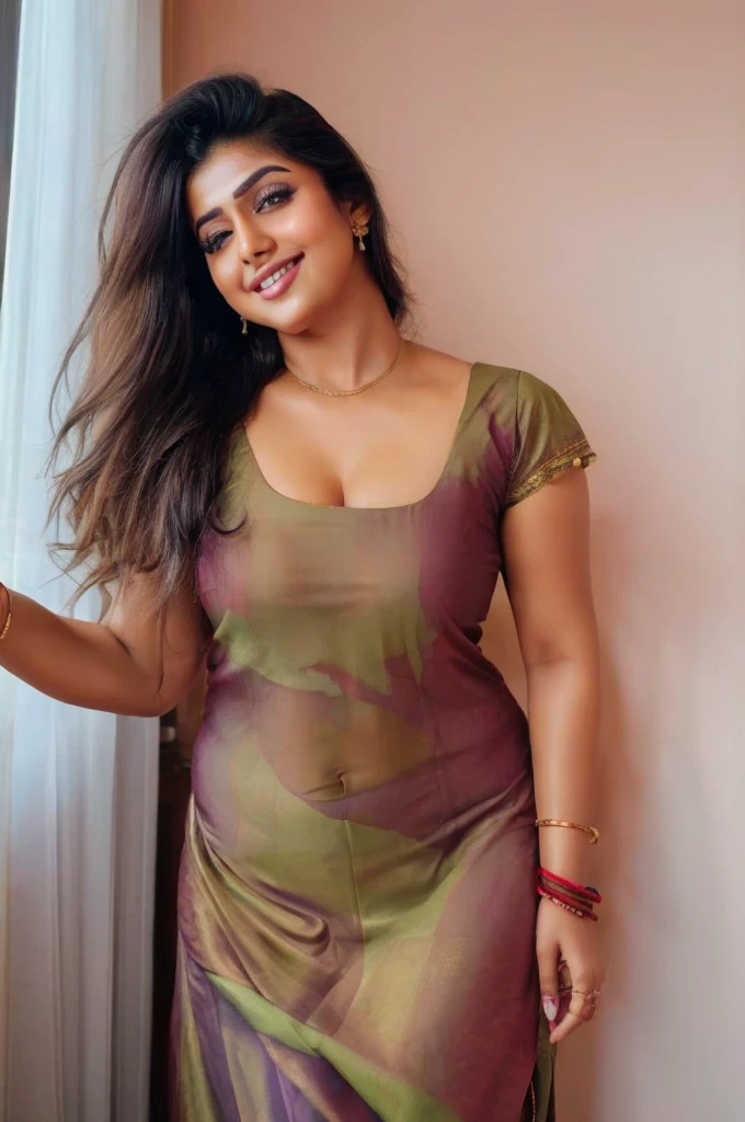 ((Masterpiece)), ((8k)),((ultra-high resolution)), RAW photo, realistic, Pakistani girl, perfect thick figure, seductive smile,perfect face,skinny waist and thick hips,fair skin, Wearing kurta and Salwar, SFW,