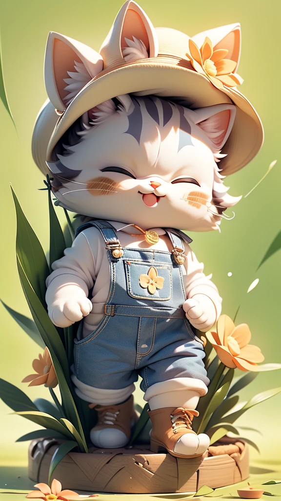 The image features the three-dimensional figure of an anthropomorphic cat wearing a hat with a flower, violet overalls and boots. The character has a satisfied expression with his eyes closed and his mouth open in a smile. It is positioned against a neutral background that does not distract from the subject.