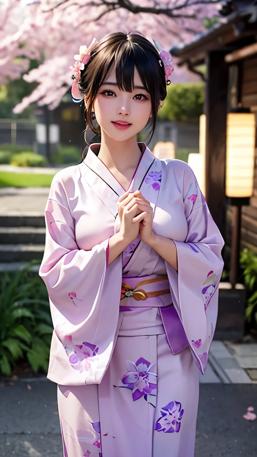 (logo、masterpiece、8K、Tabletop、RAW Photos、wonderful、最high quality、フォトリアリスティックでVery detailedな CG 複合 8K 壁紙、high quality、Very detailed、Narrative poem、Particle Effects、Dynamic Effects、Depth of the Boundary、Cinematic Light、Lens flare、Ray Tracing）、 (One beautiful woman wearing a yukata、White yukata、Light purple pattern)、Black-haired、High definition skin、Very fine、Fine skin texture、Beautiful Face、True Face、Beautiful details in the eyes、Realistic eyes、Beautifully detailed eyes、Realistic Skin、Beautiful Skin、Surreal、Smiling Eyes、Hair and light eyes、vivid、Colorful lights and bokeh、plump lower lip、Pink Lips、Hair flutters in Wind、Hair bounces、wonderful景色、night、evening、Wind、moonlight、moonlight、light