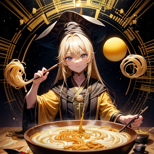 magician, Yellow long hair, Dark fantasy, Highly detailed yellow and black space robe, Space Wand Eating curry udon noodles
