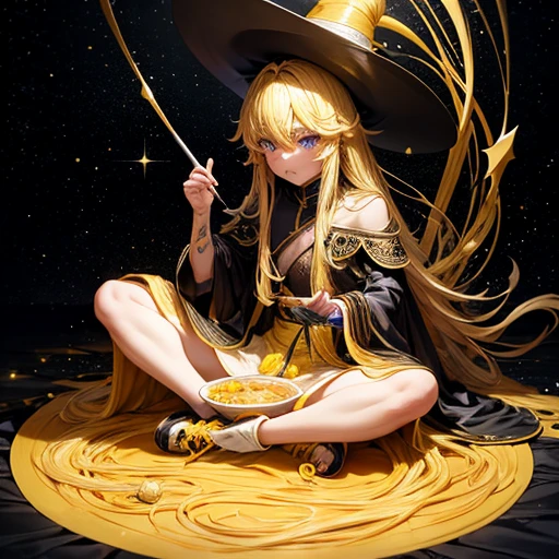 magician, Yellow long hair, Dark fantasy, Highly detailed yellow and black space robe, Space Wand Eating curry udon noodles