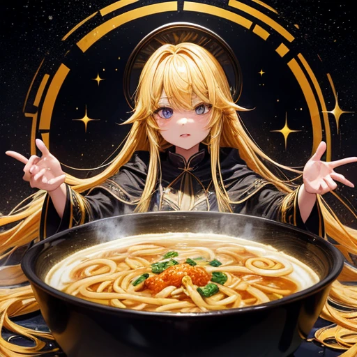 magician, Yellow long hair, Dark fantasy, Highly detailed yellow and black space robe, Space Wand Eating curry udon noodles