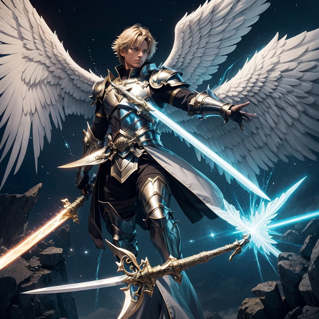 An angel with huge wings in the background, in the foreground a shining sword brimming with power, his power has awakened, angel with epic armor, striking eyes 