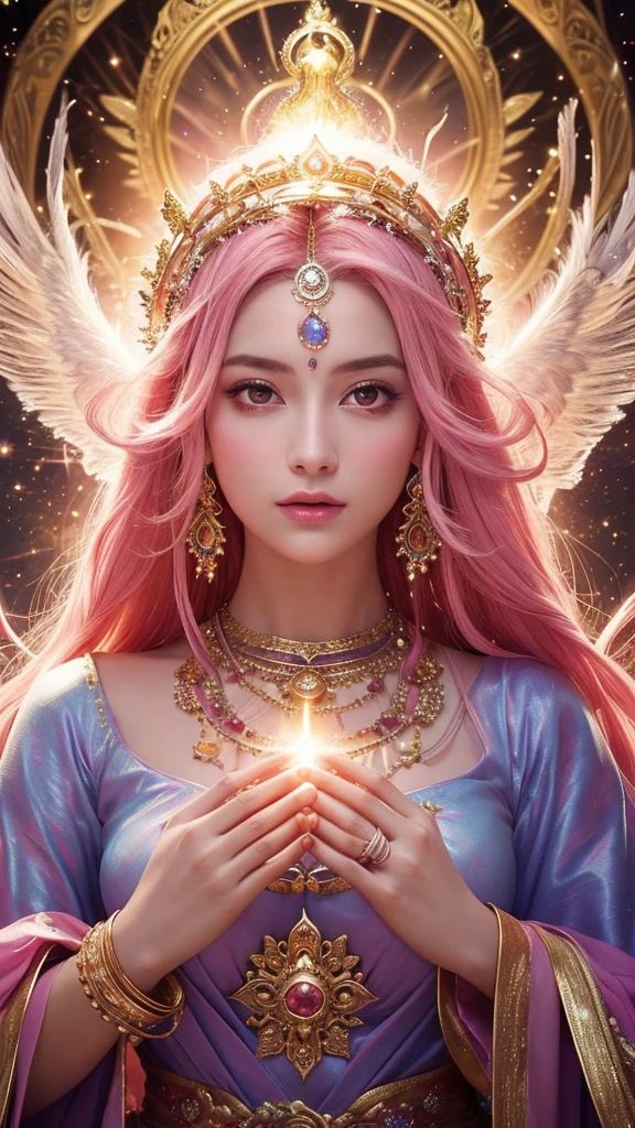 Super detailed,Body facing forward,Staring straight into the camera,Standing in the center,Realistic,goddess,beautiful,Beautiful lip details,Flowing pink hair,Sparkling Decoration,A woman is holding a large sphere,Mysterious Aura,Otherworldly beauty,Graceful posture,Sacred Light,A powerful presence,Surroundings of Paradise,Bright colors,Fairytale atmosphere,Shining Sparkle,Calm expression,Transcendent Energy,Supreme Being,Mythical figures,Queen of Heaven,Strengthen your spirit,God Unleashed,Magnificent goddess,The Sacred Feminine,Unparalleled elegance, A commanding presence,Captivating Gaze,Magical atmosphere,Peaceful tranquility,Awe-inspiring brilliance,God's Grace,Majestic Power,Eternal Silence,Magical Charms,Heavenly goddess,Captivating beauty,Sublime perfection,Dreamy atmosphere,Captivating beauty,Heavenly Divinity