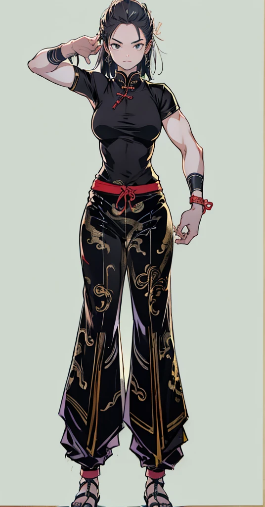 girl, dressed in black kung fu style pants,