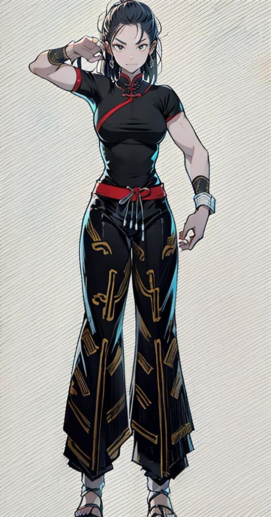 digital art, highly detailed, reference sheet, standing pose, feminine features, mature woman, adult female, tall figure, whole body, bald, form-fitting, turtleneck sweater, full sleeves, belt, baggy pants, black boots, 1woman, solo, upper body, lower body, ((Extremely Detailed)), ((Best Quality)), ((Masterpiece)), ((4k)).
