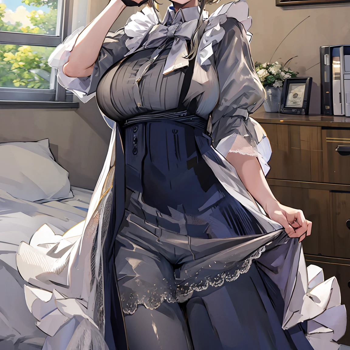 Slim woman wearing glasses、Lift up your skirt to reveal your underwear(pants)Show、Sheer lace underwear、Long maid outfit、Ade(dude)、smile、Bedroom