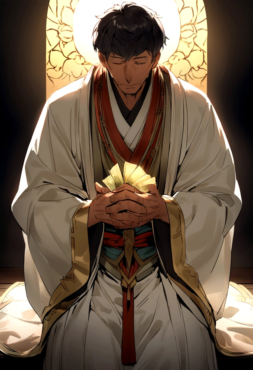 Um homem de 60 anos, with black hair, is dressed in traditional spiritual clothing. He's in a studio, holding money in your hands while praying fervently. The expression on his face is one of deep devotion and hope. Soft lighting highlights the serenity of the moment, and the studio background is neutral, focusing all attention on the calm and dignified presence of the man, who prays to help people get out of debt.