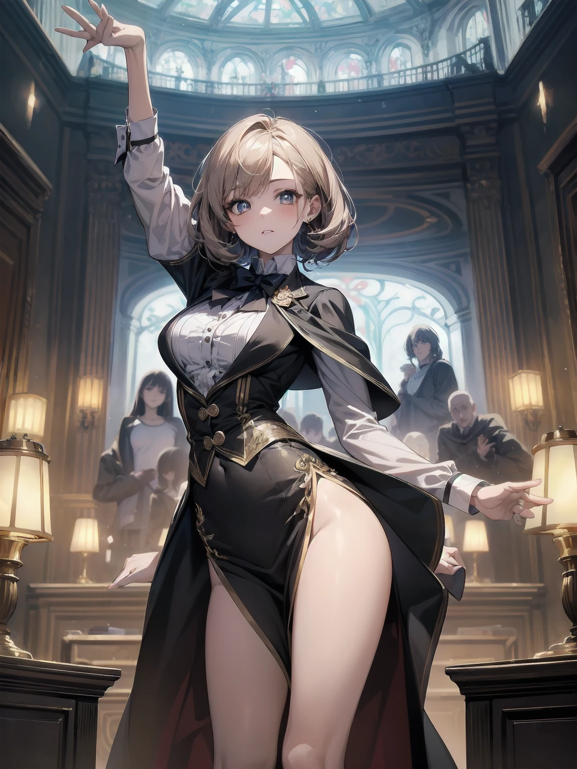 ((Masterpiece: 1.2), (Best Quality: 1.2), Very high resolution, very detailed, perfect anatomy, dynamic angles, dynamic poses, composition that brings out the best in the subject, Female, alone, solo, The subject is in the center of the screen:1.2)
:1.2)BREAK
((Anime girl shows her cuteness to the viewer)), Subject is a beautiful girl, small breasts, slender body before growth spurt. Small hips, vertically large eyes, delicate and beautiful, well-proportioned irises and pupils, expressive eyes, beautifully detailed lips, high resolution detailed hair, perfect eyes, perfect face, super close skin, perfect fingers,
BREAK
Stylish uniforms in the style of otherworldly fantasy school works, aristocratic-looking, high-class uniforms, noble uniform design, stylish design of school uniforms, Prittskirt
Blake.
((School, various settings of life in a school, a scene from a movie, decor, furniture, light fixtures, fittings, layout, space, detail)), ((crowd, women in background as old as the subject)), fantasy, Victorian alternate universe, early 19th century, shadows, effects, detail. Background of a masterpiece,
BREAK
((Positive: 1.3)),.
BREAK.
Digital Animated Art, Cartoon Style Illustration, Cartoon Illustration