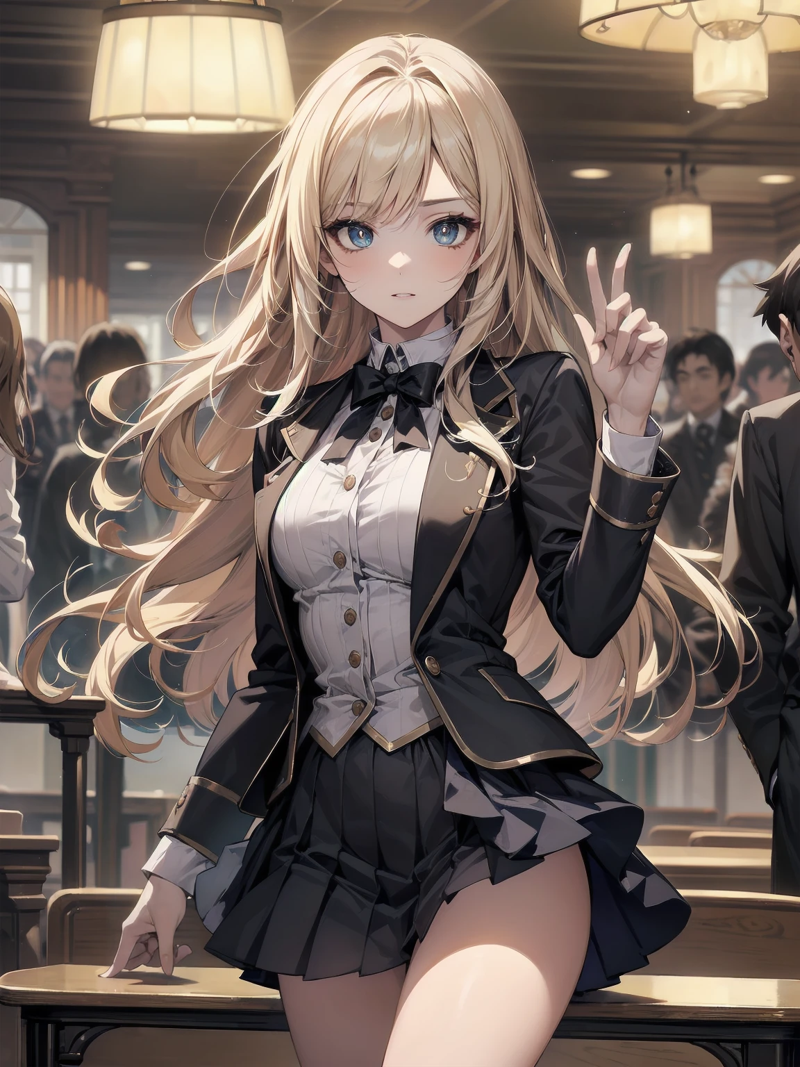((Masterpiece: 1.2), (Best Quality: 1.2), Very high resolution, very detailed, perfect anatomy, dynamic angles, dynamic poses, composition that brings out the best in the subject, Female, alone, solo, The subject is in the center of the screen:1.2)
:1.2)BREAK
((Anime girl shows her cuteness to the viewer)), Subject is a beautiful girl, small breasts, slender body before growth spurt. Small hips, vertically large eyes, delicate and beautiful, well-proportioned irises and pupils, expressive eyes, beautifully detailed lips, high resolution detailed hair, perfect eyes, perfect face, super close skin, perfect fingers,
BREAK
Stylish uniforms in the style of otherworldly fantasy school works, aristocratic-looking, high-class uniforms, noble uniform design, stylish design of school uniforms, Prittskirt
Blake.
((School, various settings of life in a school, a scene from a movie, decor, furniture, light fixtures, fittings, layout, space, detail)), ((crowd, women in background as old as the subject)), fantasy, Victorian alternate universe, early 19th century, shadows, effects, detail. Background of a masterpiece,
BREAK
((Positive: 1.3)),.
BREAK.
Digital Animated Art, Cartoon Style Illustration, Cartoon Illustration