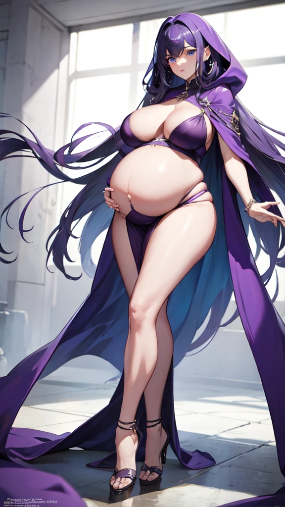 Mulher pregnant com vestido roxo gigante, high qualiy, awardwinning, high resolution, 8K , standing alone, 1woman, from the front, mellow, milf, purple cropped hair, blue colored eyes, long cloak decotado , tall woman, 29-years-old, milf, cuvilinear body, breasts small, huge  ass , big-ass, pregnant, cabelo roxo, long cloak, hinterland, dress covers the legs, seducing gaze