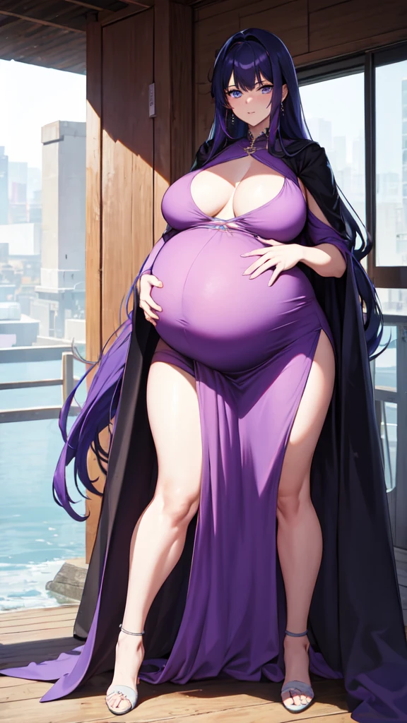 Mulher pregnant com vestido roxo gigante, high qualiy, awardwinning, high resolution, 8K , standing alone, 1woman, from the front, mellow, milf, purple cropped hair, blue colored eyes, long cloak decotado , tall woman, 29-years-old, milf, cuvilinear body, breasts small, huge ass , big-ass, pregnant, cabelo roxo, long cloak, hinterland, dress covers the legs, seducing gaze