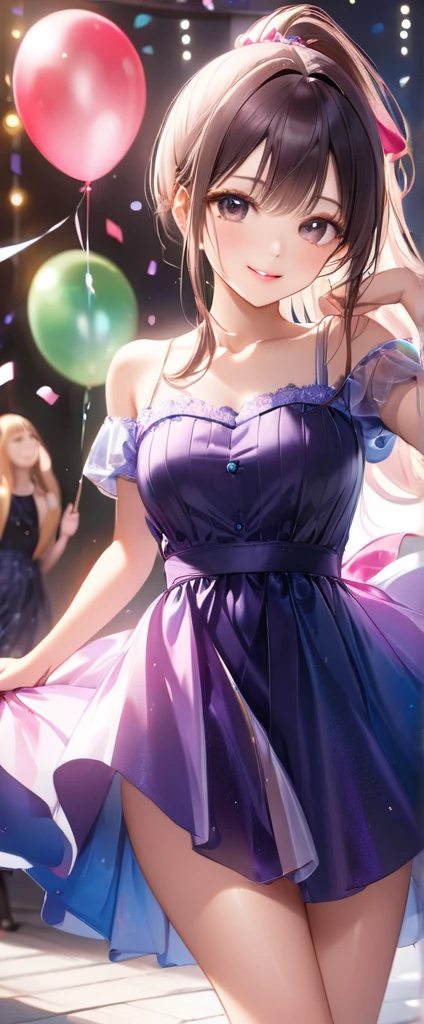 (masterpiece,highest quality,超A high resolution),japanese woman, (((Very beautiful 25 year old girl))), pretty girl、look at the photographer、 ((beautiful low ponytail)), super cute face, glossy lips, double eyelids in both eyes,natural smile、 natural makeup, long eyelashes, Shiny and smooth hair、, perfect limbs, perfect anatomy,(((party dress))、party venue,Pose with movement