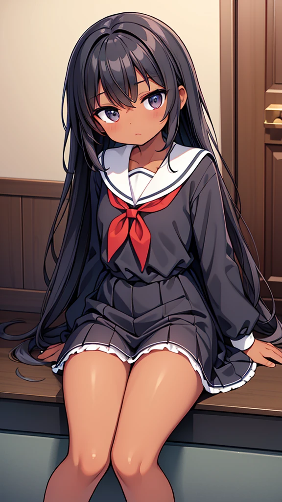 A black woman, dark-skinned, skin black. Long black hair, fringe. Big black eyes. lowrise, serious countenance. School clothes