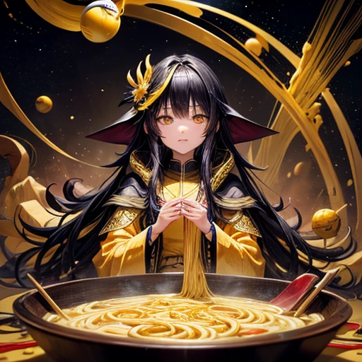 magician, Yellow long hair, Dark fantasy, Highly detailed yellow and black space robe, Space Wand Eating curry udon noodles