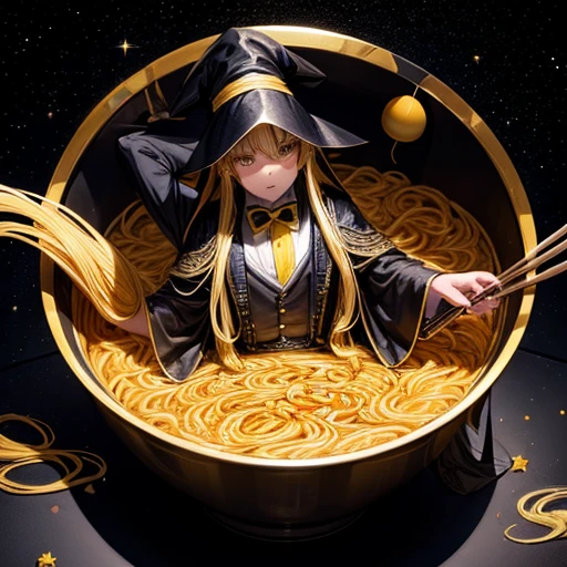  magician, Yellow long hair, Dark fantasy, Highly detailed yellow and black space robe, Space Wand　Eating curry udon noodles