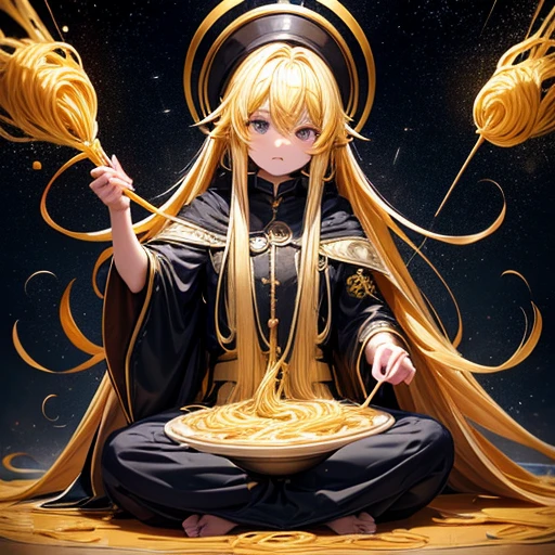  magician, Yellow long hair, Dark fantasy, Highly detailed yellow and black space robe, Space Wand　Eating curry udon noodles