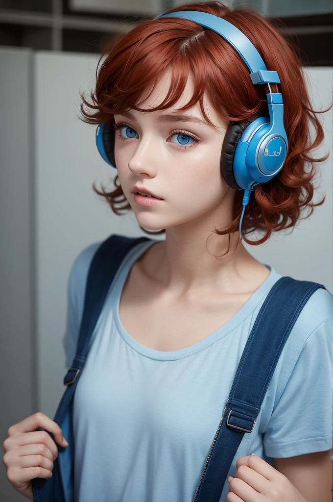 a 16 year old girl with headphones in her hands blue eyes and short curly red hair
